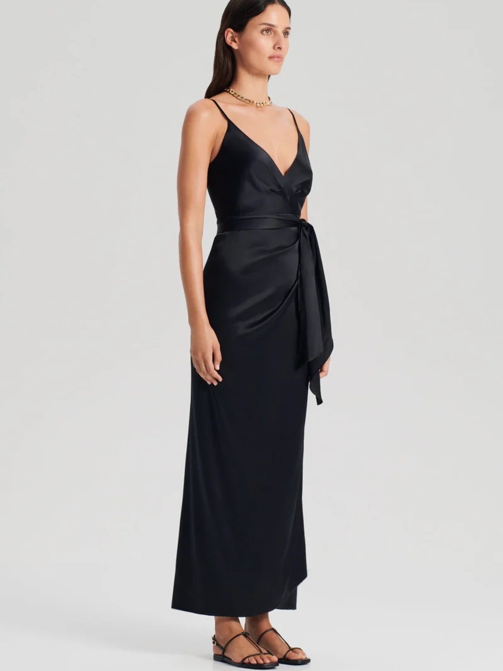 Scanlan Theodore Black Silk Wrap Maxi Dress Size 8 NWT